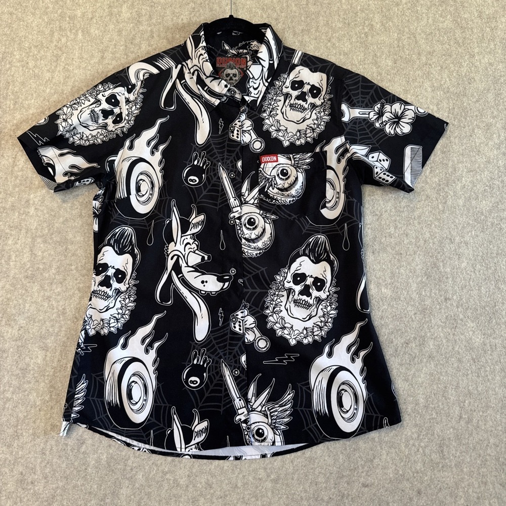 Dixxon Co Rat Rod Party Button Up Shirt Mens M Black Skull Hot Rod Poly Blend
